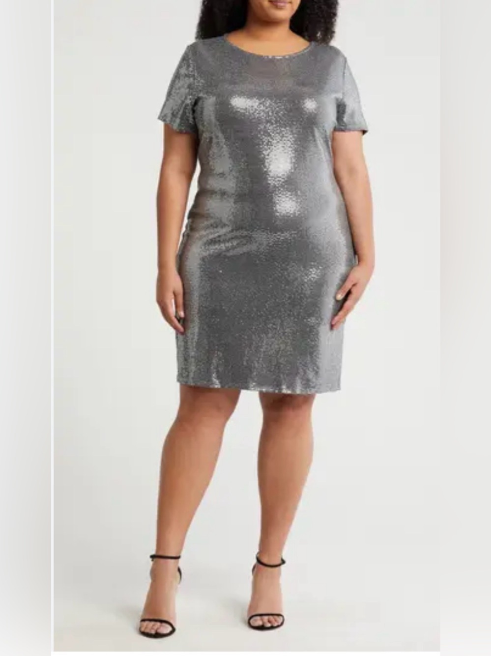 Bebe Women Elegant Silver Sequin Midi T-Shirt Dress Short Sleeve Plus Size 2X